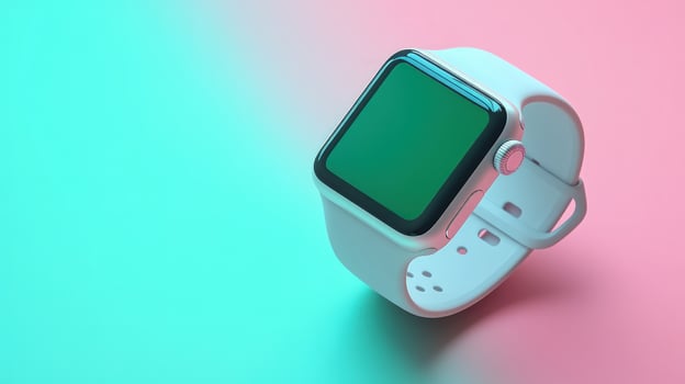White smartwatch with green screen on pink and blue background. photo