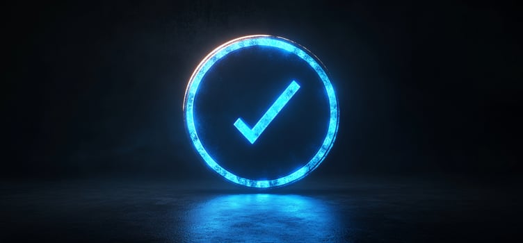 Glowing blue neon check mark in circle. photo