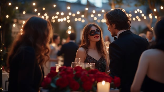 A couple at a masquerade ball, talking and enjoying the party. They are surrounded by other guests and there are red roses in the foreground. photo
