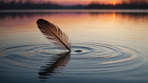 A feather floats on the water at sunset photo