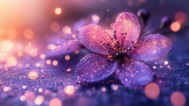 A delicate pink flower with sparkling glitter, illuminated by warm lights. photo