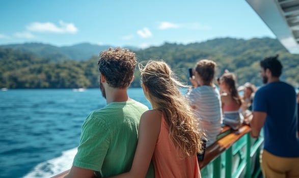 Couple on a boat cruise with stunning views of the ocean and coastline. photo