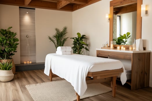 A clean, modern spa treatment room with a massage table, white towels, and plants. photo