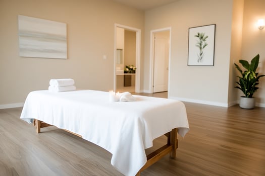 A relaxing spa treatment room with a massage table, candles, and towels. photo