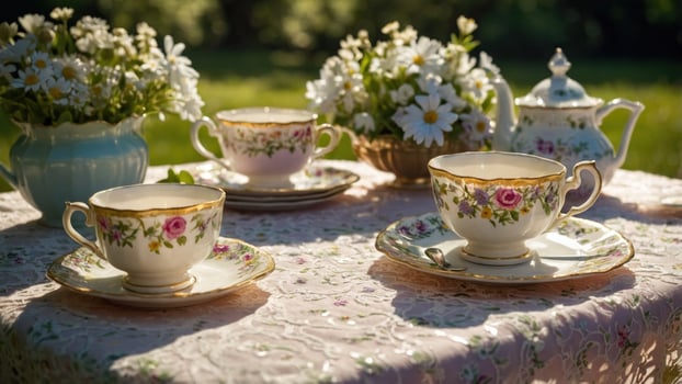 Elegant tea set with floral designs on a sunlit table surrounded by blooming daisies in a garden photo