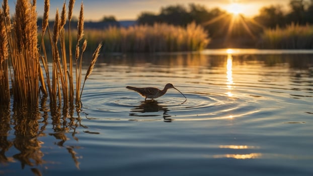 A bird wading through a serene lake at sunset, surrounded by tall grasses and reflecting sunlight photo