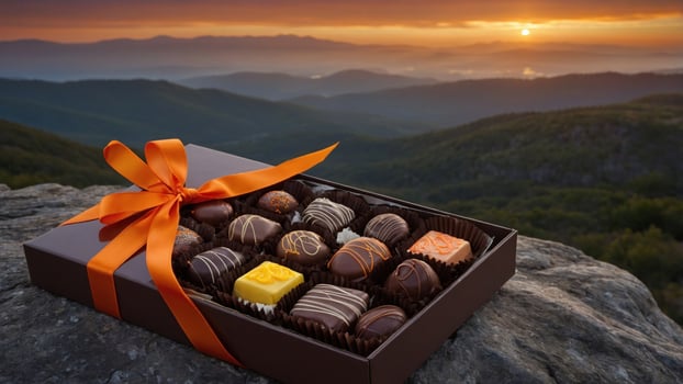 Gourmet chocolate box on a rocky ledge with a sunset view over rolling mountains in the background photo