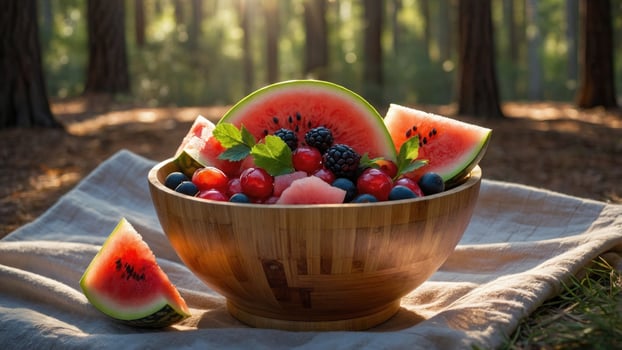 Vibrant fruit salad in a wooden bowl surrounded by nature, sunlight filtering through trees photo