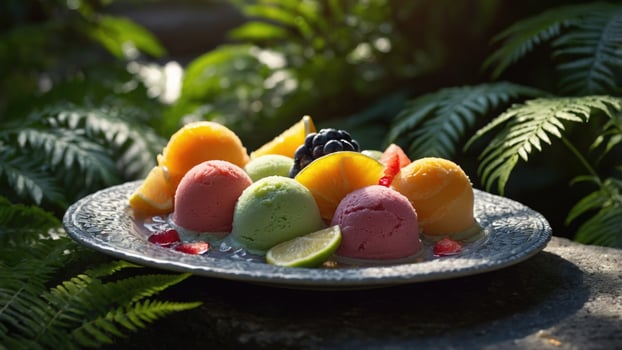 Colorful assortment of fruit-flavored sorbets served on a decorative plate amidst lush greenery photo