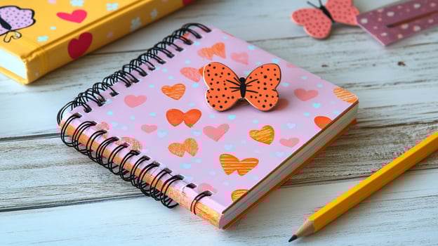 Pink notebook with orange butterfly and hearts on a white wooden table with a yellow pencil. photo