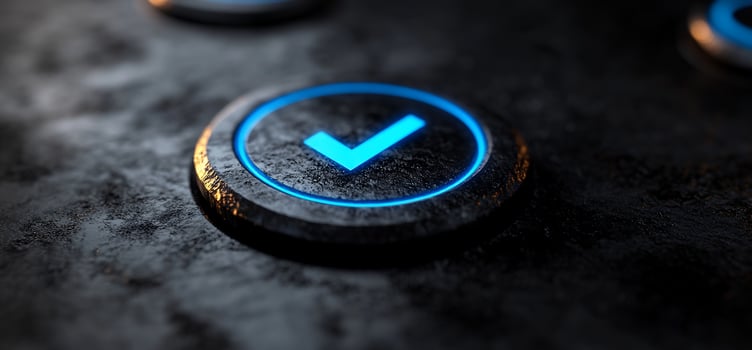 Blue Checkmark Button on Grungy Surface. photo
