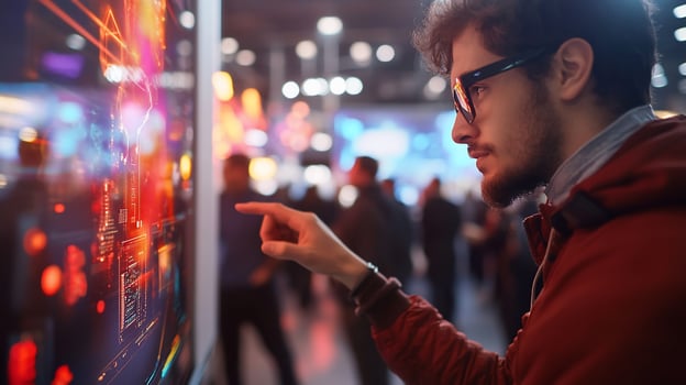Man in glasses looking at interactive display at a tech expo. photo