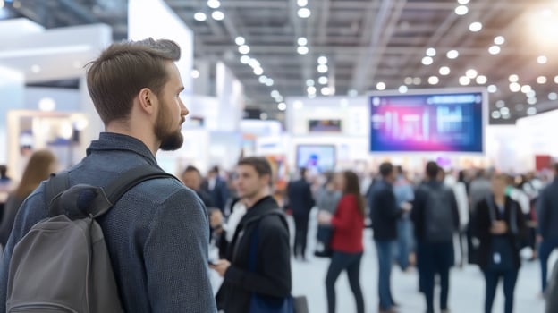 A man with a backpack looks around at a crowded trade show. photo