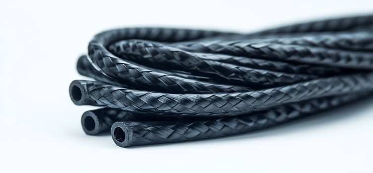 Black braided cord with a closeup view of the braided texture. photo