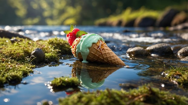 Melting ice cream cone with mint and strawberry toppings resting on a riverbank surrounded by greenery photo