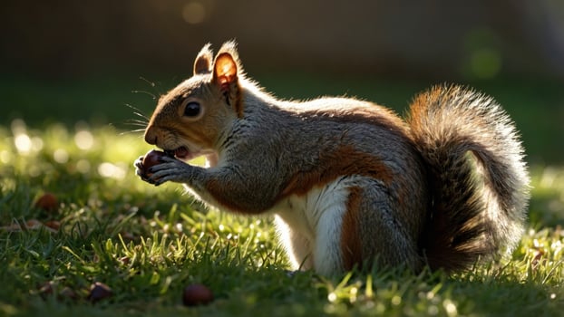 Squirrel foraging for nuts in a sunlit park, surrounded by lush grass and soft, blurred background photo