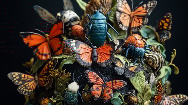 A closeup of a cake decorated with a variety of insects and butterflies. photo