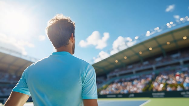 Tennis player stands on the court looking out at a large stadium crowd. photo