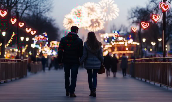 Couple holding hands, walking on a bridge with fireworks and heartshaped lights in the background. photo