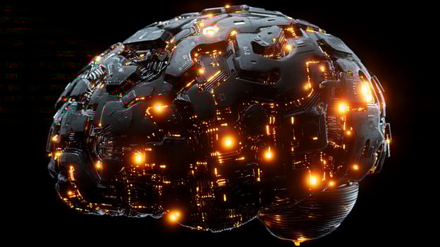 A metallic human brain with glowing circuits. photo