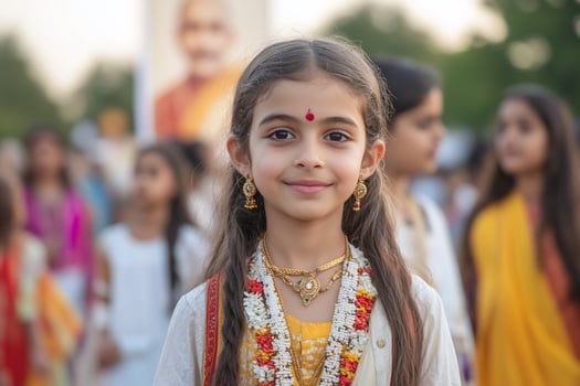Young girl in traditional Indian clothing smiles at the camera. photo