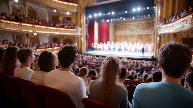 Audience watching a performance on stage in an ornate theater. photo