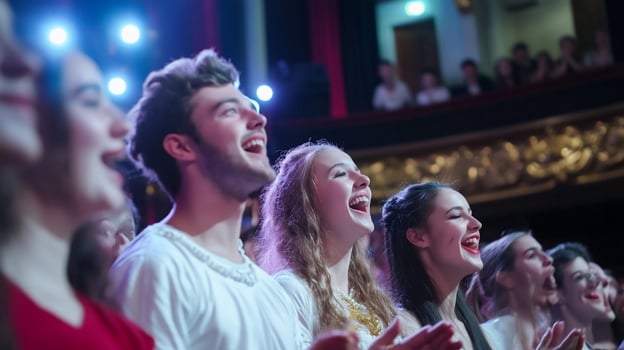 Excited audience applauding during a performance in a theater. photo