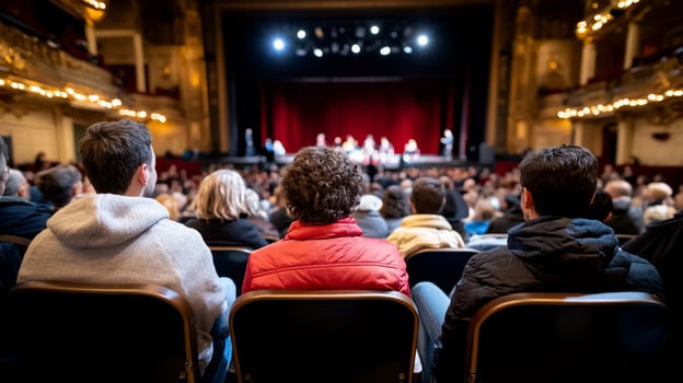 Audience watching a performance on stage from the back of the theater. photo