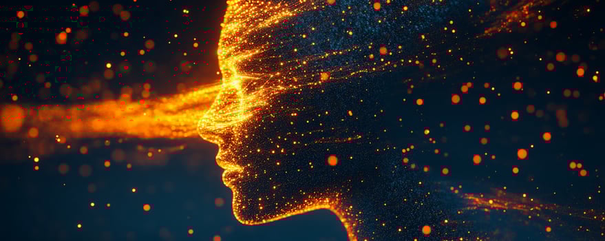 Abstract profile of a woman formed by glowing particles, emitting light from her mouth. photo