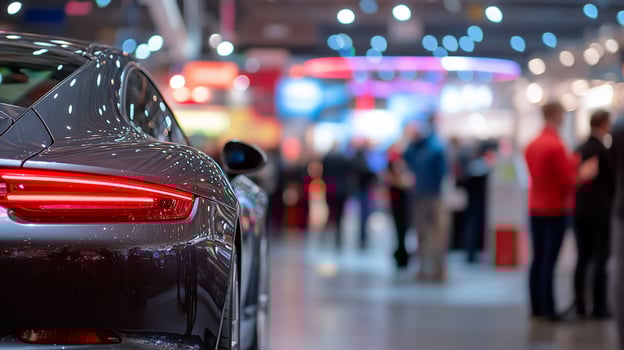 Rear view of a sleek sports car with blurred background of people at an automotive event. photo