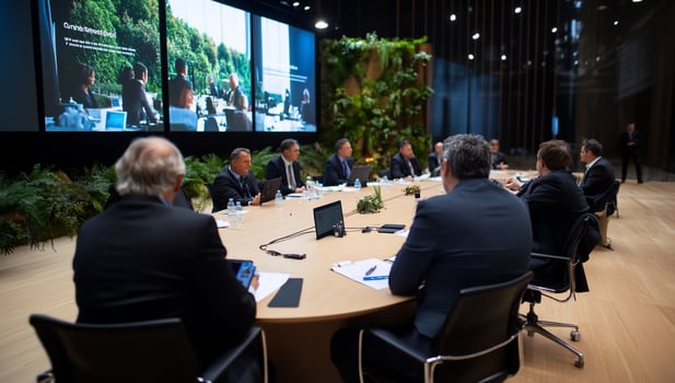 Businessmen in a meeting room, looking at a large screen display. photo