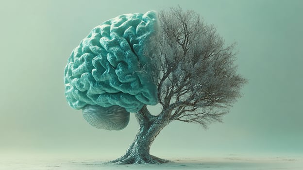 A human brain shaped as a tree, half green and alive, the other half bare and dead, on a blue background. photo