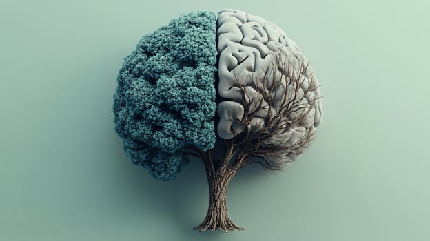 A stylized 3D brain shaped like a tree with one side green and lush representing growth and the other side bare and dry, symbolizing decline. photo