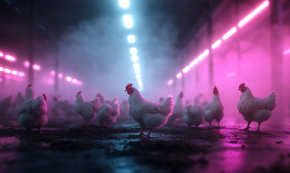 Chickens in a barn with pink lights photo