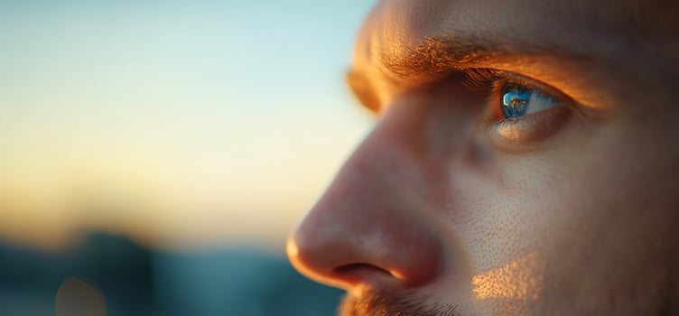 Closeup of a mans eye with the sun reflecting in it. photo