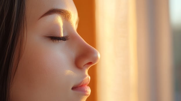 Closeup side profile of a womans face with eyes closed, bathed in warm sunlight. photo