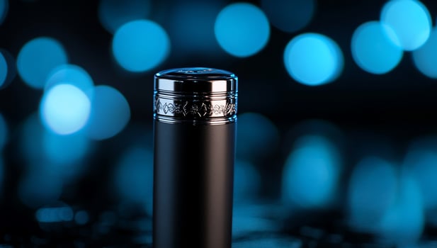 Closeup of a black pen with silver accents, a blurred blue background, and bokeh lights. photo