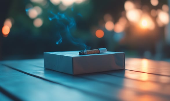 A partially smoked cigarette rests on a white box ashtray on a wooden table with a sunset blurred in the background. photo