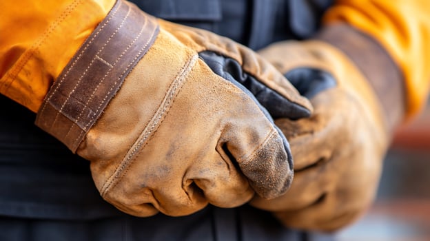 Closeup of a pair of worn leather work gloves clasped together. photo