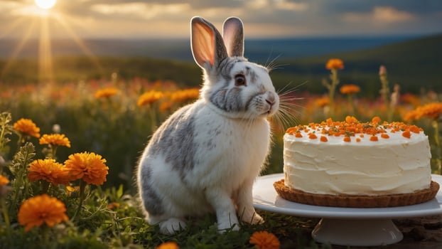 A playful rabbit beside a vibrant cake in a sunlit flower field during a serene afternoon photo