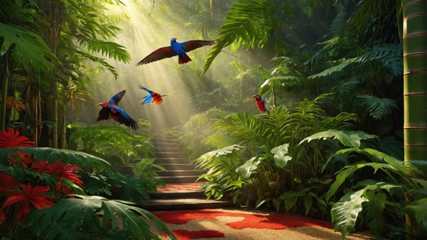 Vibrant tropical scene with colorful birds flying through lush greenery and sun rays illuminating a path photo