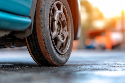 Closeup of a car tire on asphalt with sun glare. photo