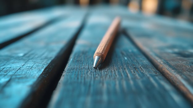 Closeup of a wooden pencil lying on a weathered wooden table. photo