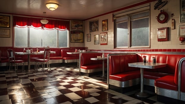 Vintage diner interior showcasing red booths, checkered floor, and nostalgic decor in a sunny atmosphere photo