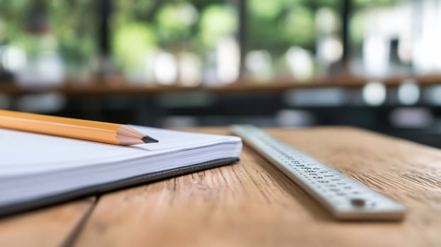 A yellow pencil resting on a notebook with a ruler on a wooden table. photo