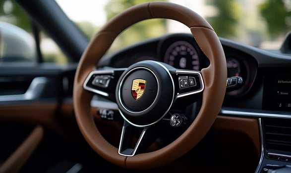 Closeup of a brown leather steering wheel with a silver Porsche logo. photo