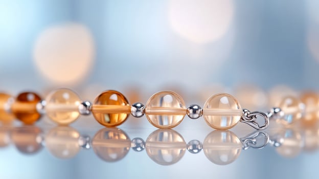 Closeup of a delicate beaded necklace with alternating clear and amber beads and silver accents on a reflective surface with a blue bokeh background. photo