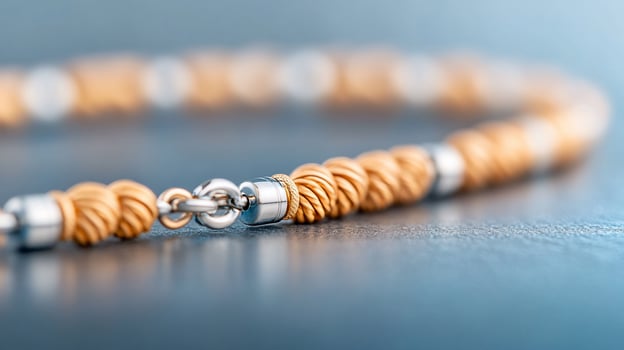 Closeup of a gold and silver chain necklace with a clasp. photo