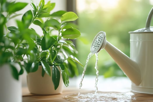 Watering plants with a white watering can, closeup on the water pouring. photo
