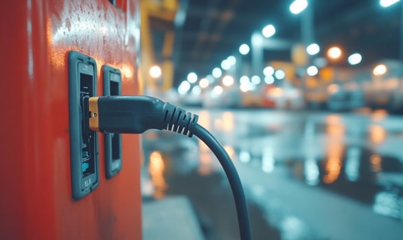 Closeup of an electric vehicle charging cable plugged into a charging station with a blurred background of other vehicles and lights. photo